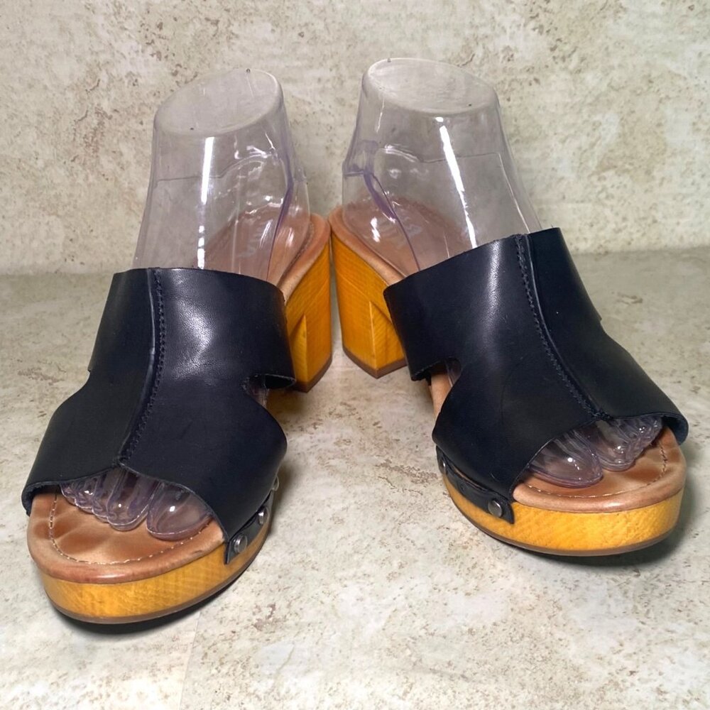 Mia Merel Black Faux Leather Open-Toe Sandals Wood Like Platform Heel‎ Size 7